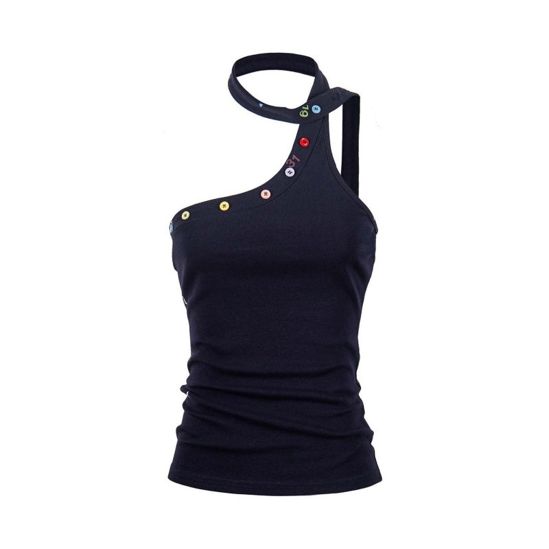 Navy Blue One-Shoulder Halter Tank Top